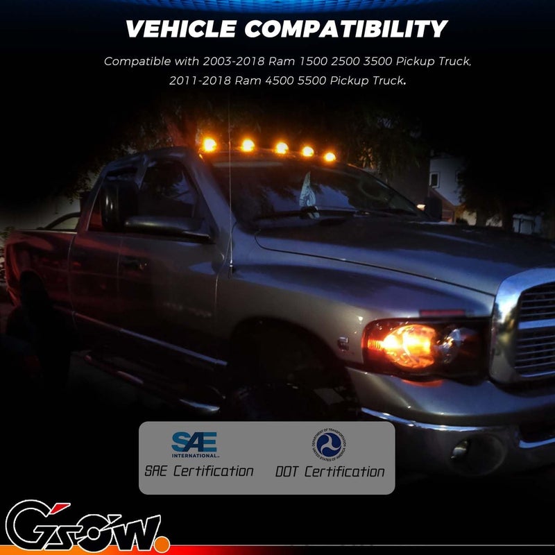 GSOWO 5 PCS Amber LED Cab Lights Smoked Cab Roof Running Top Marker Light for Dodge Ram 1500 2500 3500 4500 5500 2003-2018 Pickup Trucks, Waterproof LED Cab Roof Lights for Trucks, 16 LED - Image 5